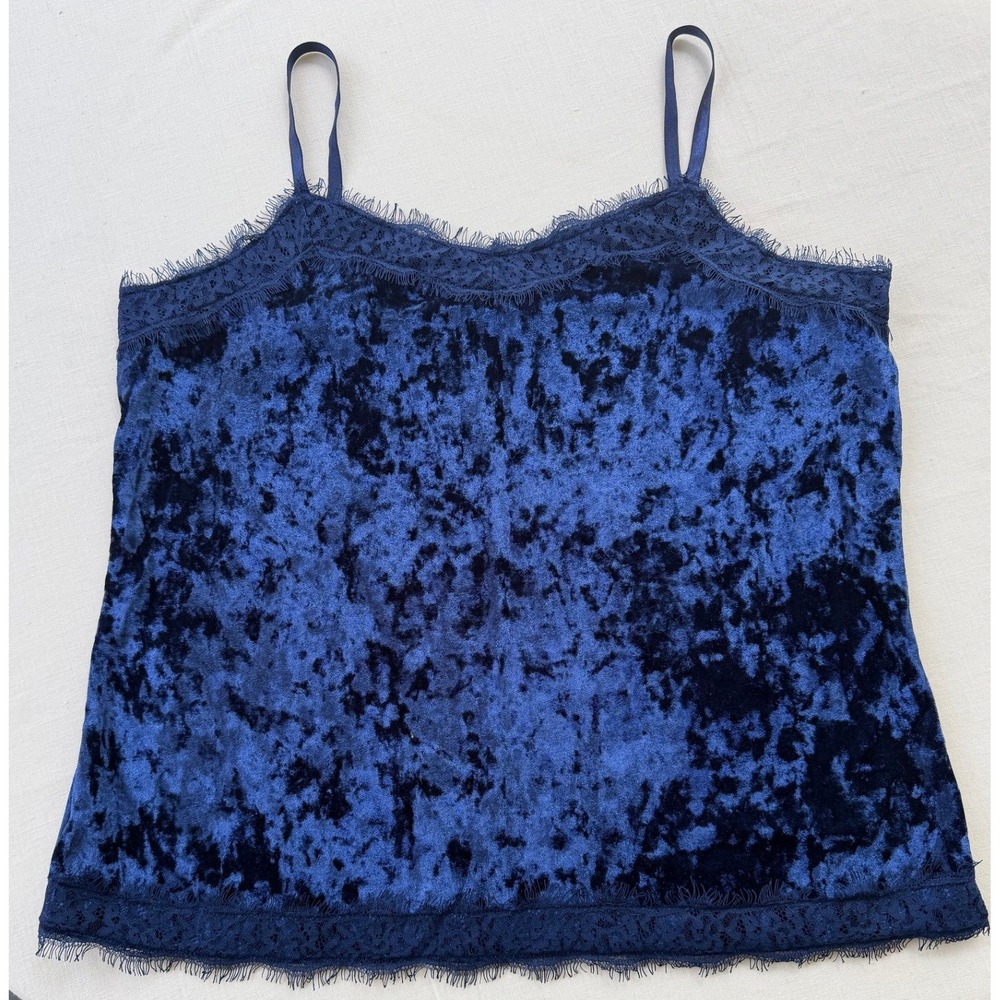 Royal Blue Crushed Velvet Lace Trim Camisole Adjustable Straps Tank Top